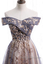 Beautiful Off Shoulder Tulle With Lace Long Evening Gown, Floor Length Prom Dresses