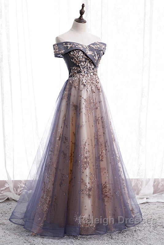 Beautiful Off Shoulder Tulle With Lace Long Evening Gown, Floor Length Prom Dresses