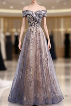 Beautiful Off Shoulder Tulle With Lace Long Evening Gown, Floor Length Prom Dresses