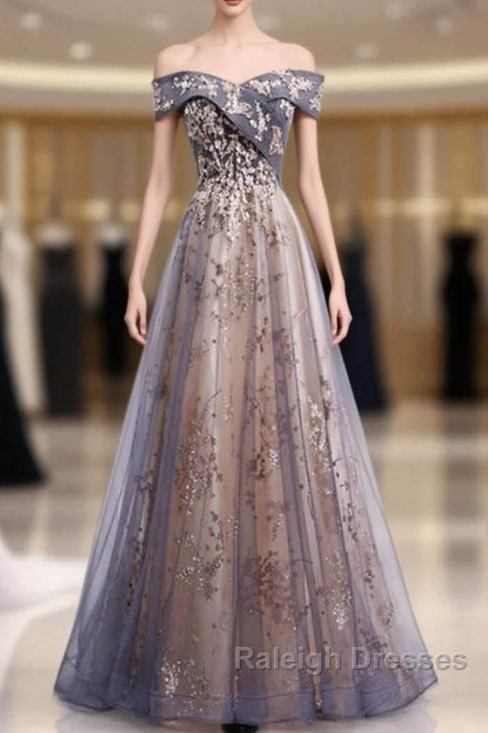 Beautiful Off Shoulder Tulle With Lace Long Evening Gown, Floor Length Prom Dresses