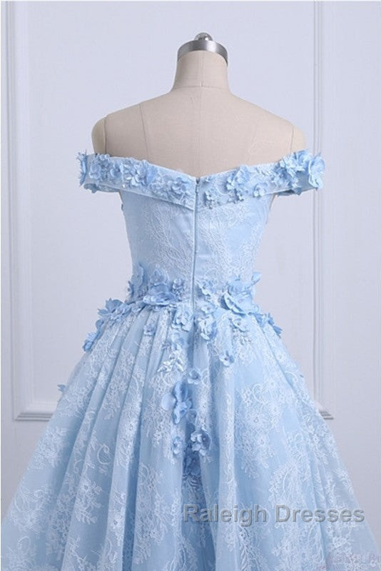 Beautiful Off The Shoulder Blue Prom Dresses Lace Applique,  High Low Prom Dress Secondary image