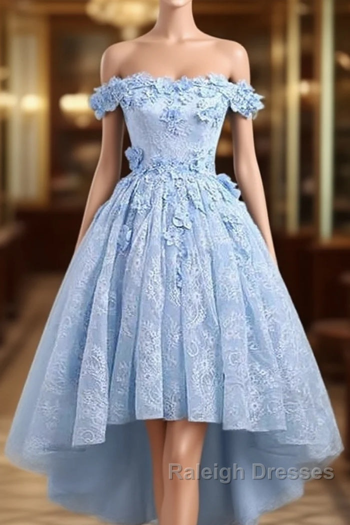 Beautiful Off The Shoulder Blue Prom Dresses Lace Applique,  High Low Prom Dress