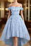 Beautiful Off The Shoulder Blue Prom Dresses Lace Applique,  High Low Prom Dress