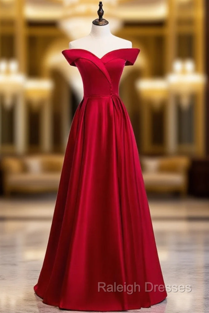 Beautiful Off The Shoulder Burgundy Satin Button Long Prom Dress Under 119 Main image