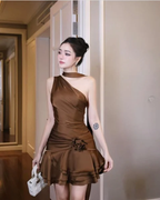 Beautiful One Shoulder Satin Pleated A-Line Homecoming Dresses