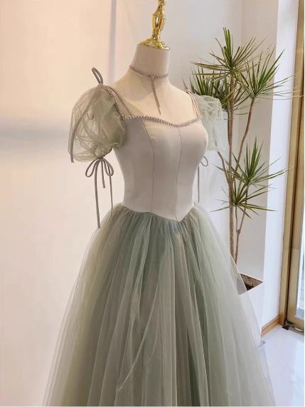Beautiful Pea Green A-Line Square Neck Puff Sleeve Tulle Long Formal Prom Dress Bridesmaid Dress Secondary image