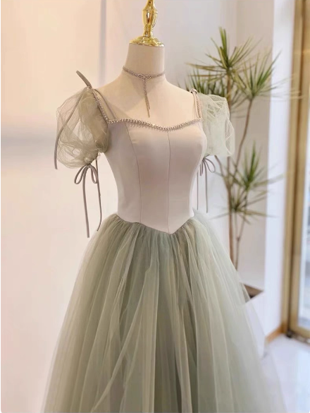 Beautiful Pea Green A-Line Square Neck Puff Sleeve Tulle Long Formal Prom Dress Bridesmaid Dress