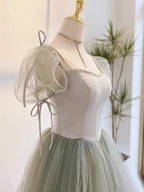 Beautiful Pea Green A-Line Square Neck Puff Sleeve Tulle Long Formal Prom Dress Bridesmaid Dress