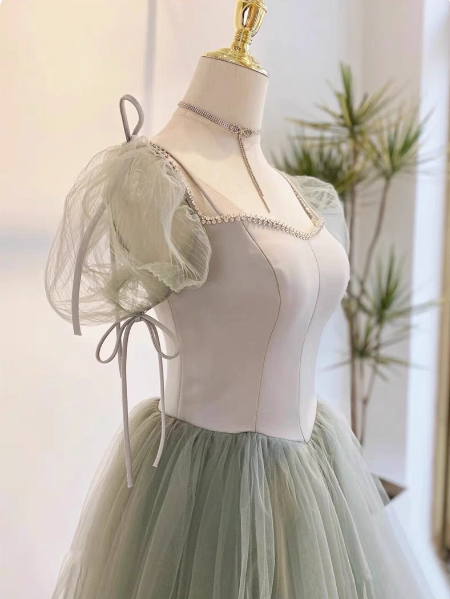 Beautiful Pea Green A-Line Square Neck Puff Sleeve Tulle Long Formal Prom Dress Bridesmaid Dress