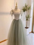 Beautiful Pea Green A-Line Square Neck Puff Sleeve Tulle Long Formal Prom Dress Bridesmaid Dress