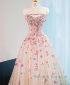 Beautiful Pink Beaded Flowers A-Line Strapless Long Prom Dress Gorgeous Formal Evening Dress