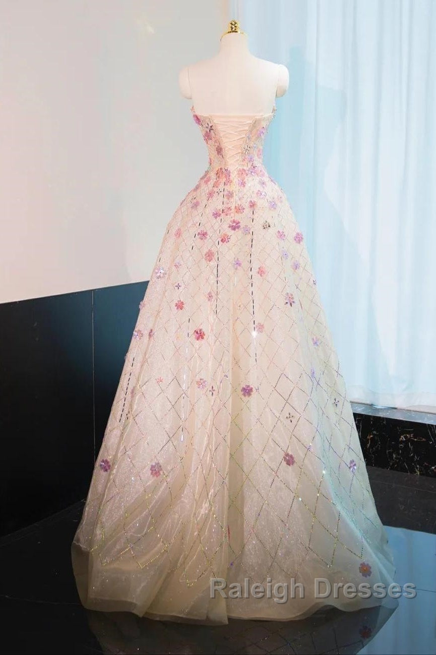 Beautiful Pink Beaded Flowers A-Line Strapless Long Prom Dress Gorgeous Formal Evening Dress