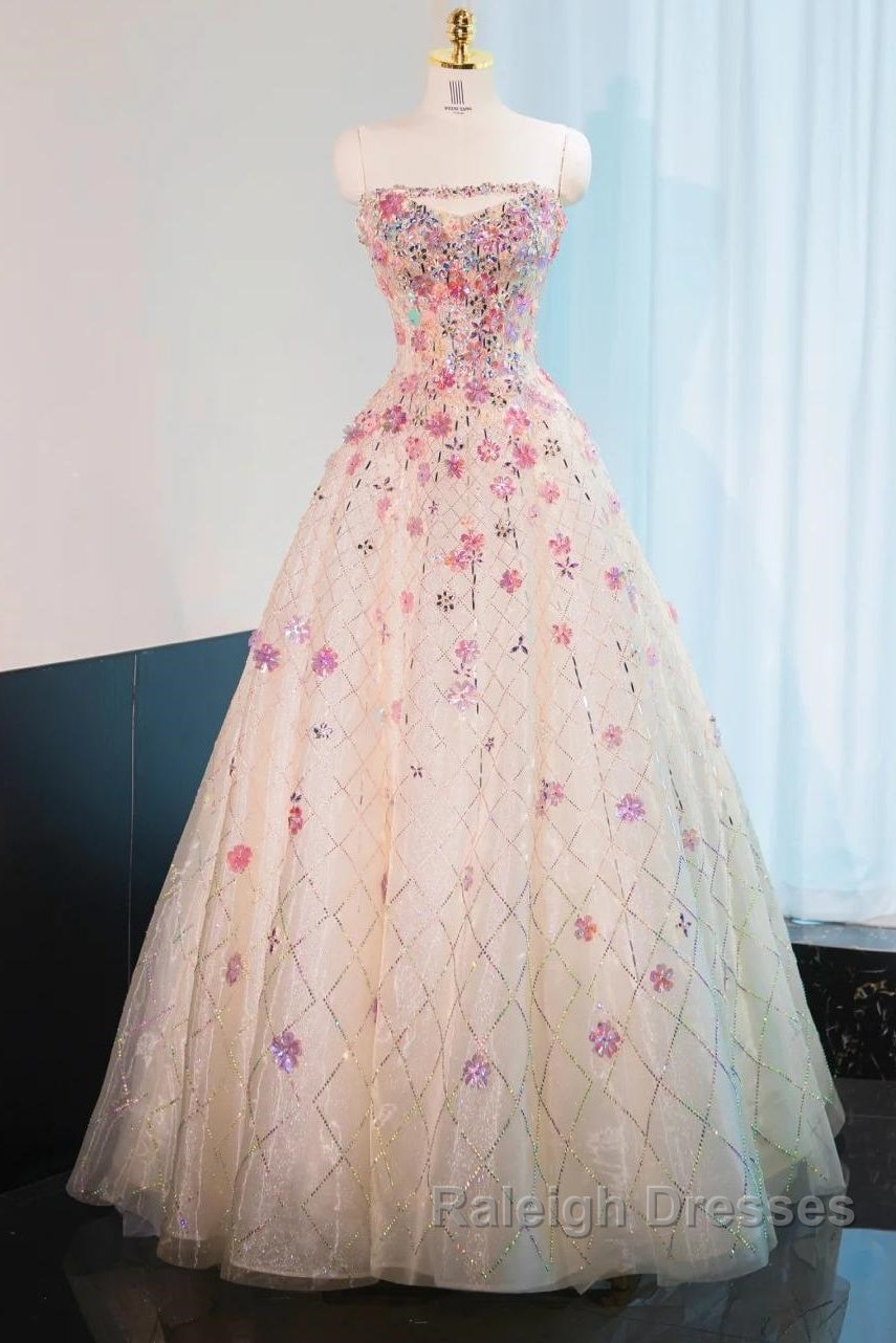 Beautiful Pink Beaded Flowers A-Line Strapless Long Prom Dress Gorgeous Formal Evening Dress