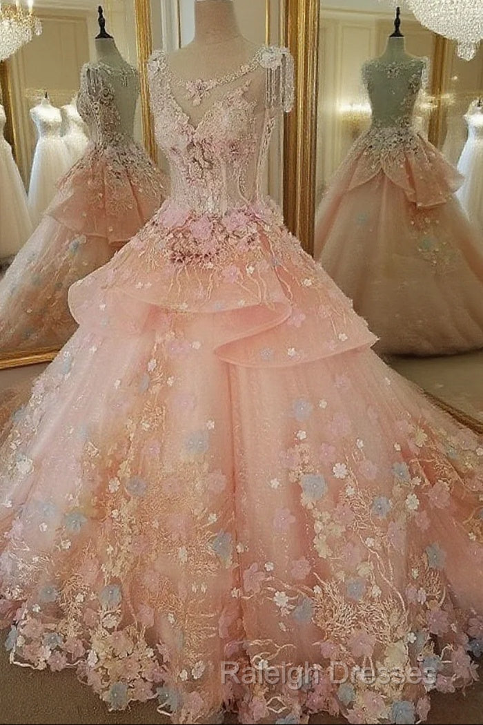 Beautiful Pink Flowers Round Neckline Sweet 16 Dress, Pink Quinceanera Dress Main image