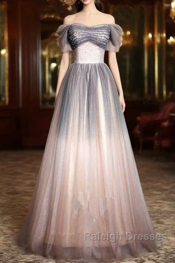 Beautiful Pink Gradient Beaded Sweetheart Long Prom Dress, Tulle Evening Dresses Main image