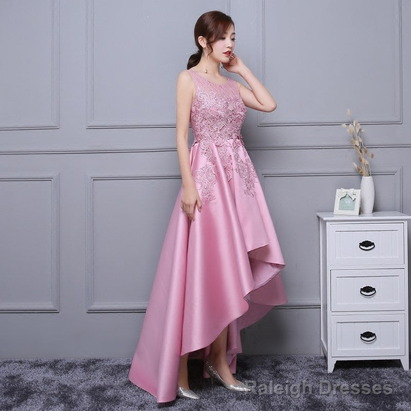 Beautiful Pink High Low Satin And Lace Homecoming Dresses Cute Short Prom Dresses
