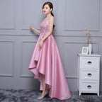 Beautiful Pink High Low Satin And Lace Homecoming Dress, Cute Short Prom Dress