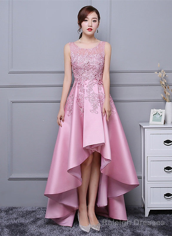 Beautiful Pink High Low Satin And Lace Homecoming Dress, Cute Short Prom Dress Main image
