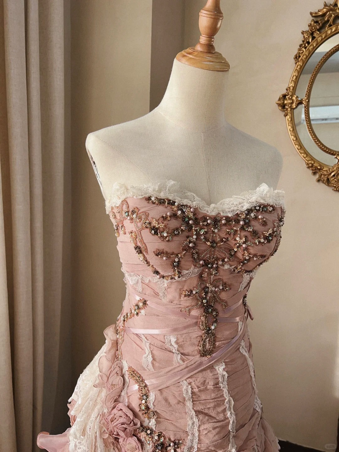 Beautiful Pink Rose Slim Skirt Pleated French Lace Mermaid Wedding Dress Secondary image