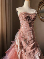 Beautiful Pink Rose Slim Skirt Pleated French Lace Mermaid Wedding Dress