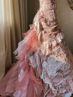 Beautiful Pink Rose Slim Skirt Pleated French Lace Mermaid Wedding Dress