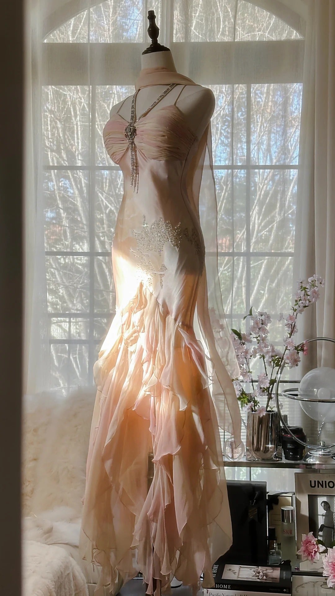 Beautiful Pink Strap Chiffon Irregular Skirt Long Prom Dress Secondary image