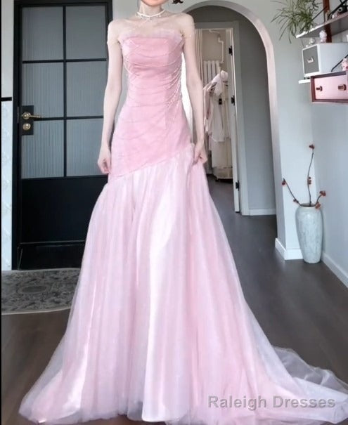 Beautiful Pink Strapless A-Line Tulle Sequined Long Ball Dress Birthday Evening Dress