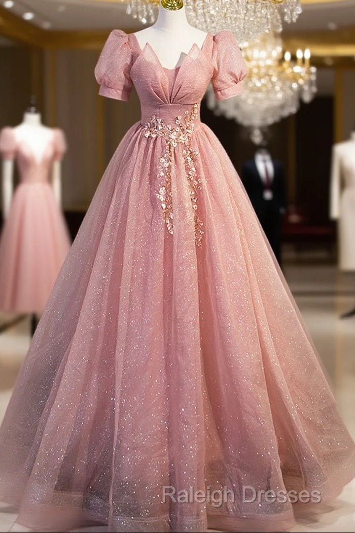 Beautiful Pink Tulle Floor Length Prom Dress, Cute Short Sleeve Evening Dress Main image