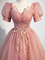 Beautiful Pink Tulle Floor Length Prom Dress with Short Sleeve