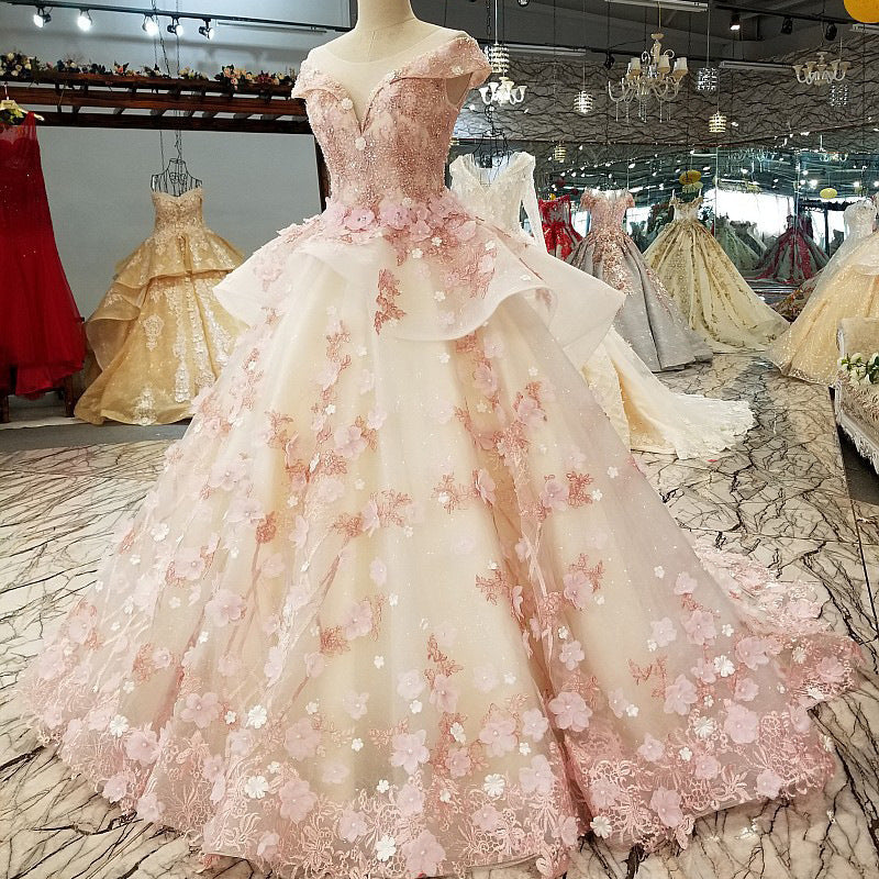 Beautiful Pink Tulle With Flowers And Beaded Long Prom Dresses Pink Sweet 16 Gowns