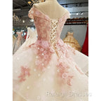 Beautiful Pink Tulle With Flowers And Beaded Long Party Dress, Pink Sweet 16 Gown