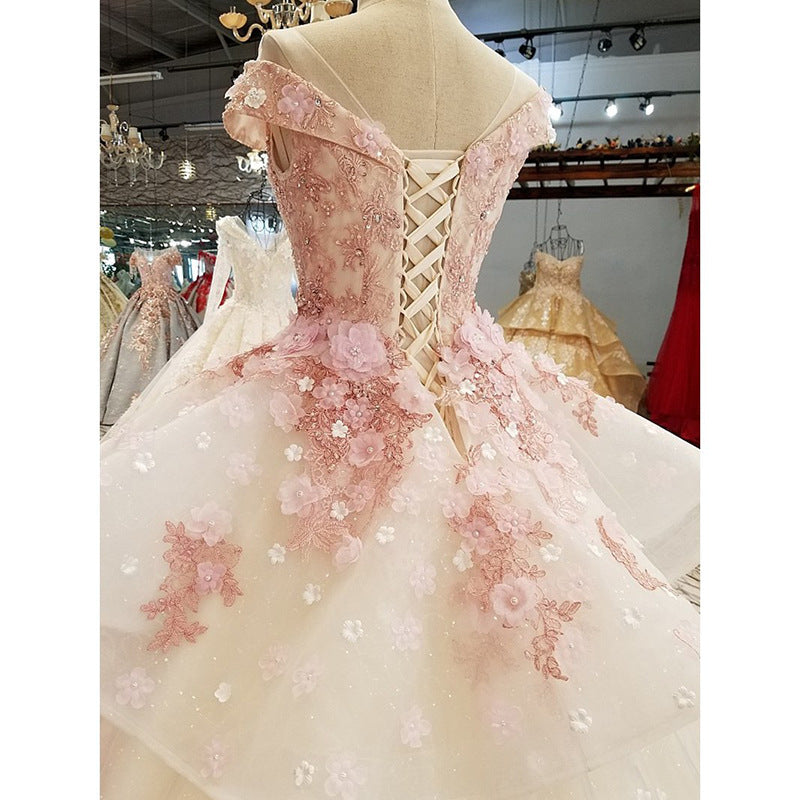 Beautiful Pink Tulle With Flowers And Beaded Long Prom Dresses Pink Sweet 16 Gowns