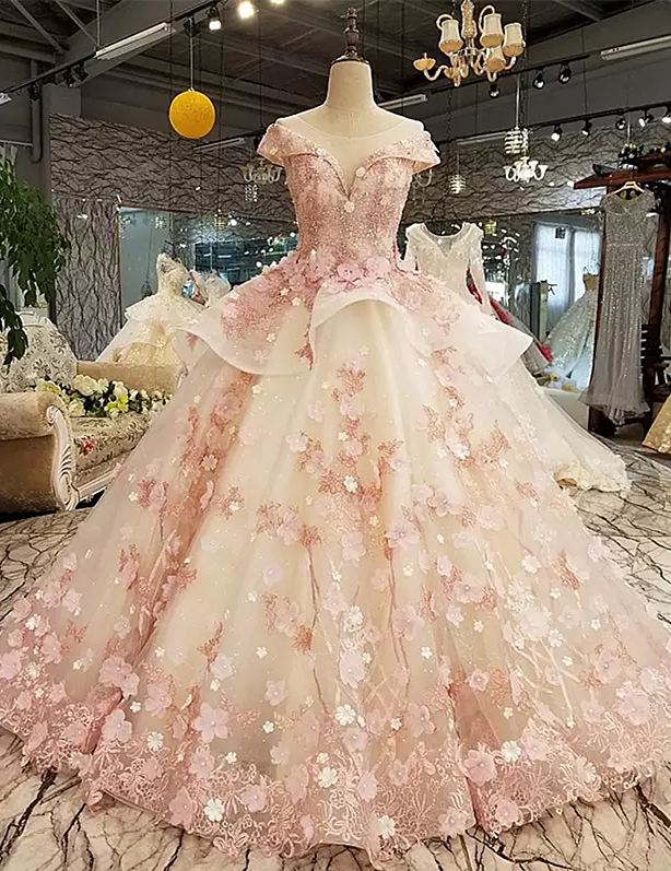 Beautiful Pink Tulle With Flowers And Beaded Long Prom Dresses Pink Sweet 16 Gowns