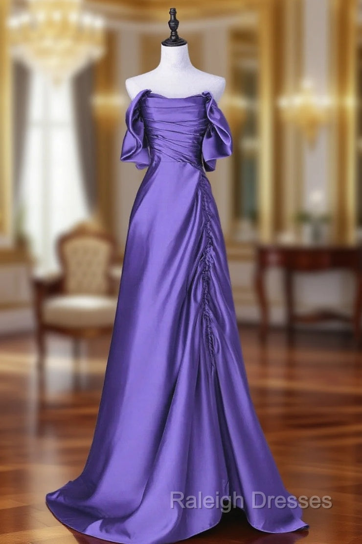 Beautiful Purple Satin Off Shoulder Formal Dress, Purple Satin Evening Dress Prom Dress Main image