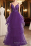Beautiful Purple Tulle Layers With Lace Long Evening Dresses, Purple Prom Dress Party Dresses