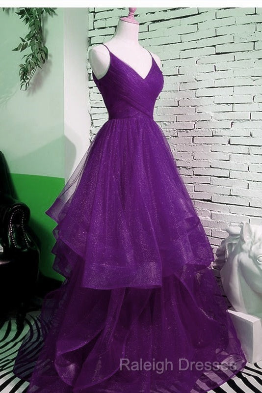 Beautiful Purple V-Neckline Straps Layers Tulle Party Gown, Purple Evening Dress Secondary image