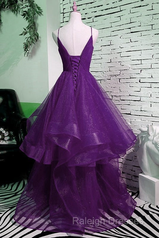 Beautiful Purple V-Neckline Straps Layers Tulle Party Gown, Purple Evening Dress