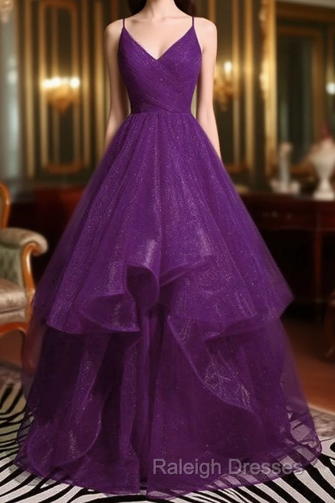 Beautiful Purple V-Neckline Straps Layers Tulle Party Gown, Purple Evening Dress Main image