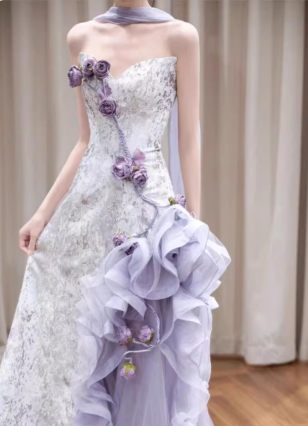 Beautiful Purple-White Gradient Strapless 3D Floral Tulle Satin Long Formal Prom Dress