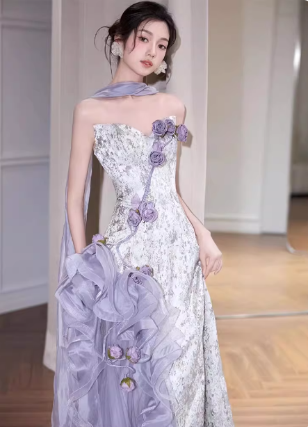 Beautiful Purple-White Gradient Strapless 3D Floral Tulle Satin Long Formal Prom Dress
