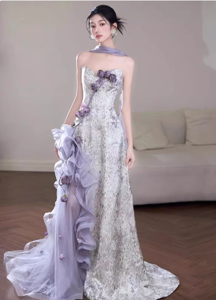Beautiful Purple-White Gradient Strapless 3D Floral Tulle Satin Long Formal Prom Dress
