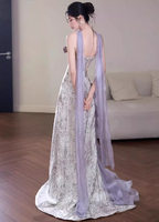 Beautiful Purple-White Gradient Strapless 3D Floral Tulle Satin Long Formal Prom Dress
