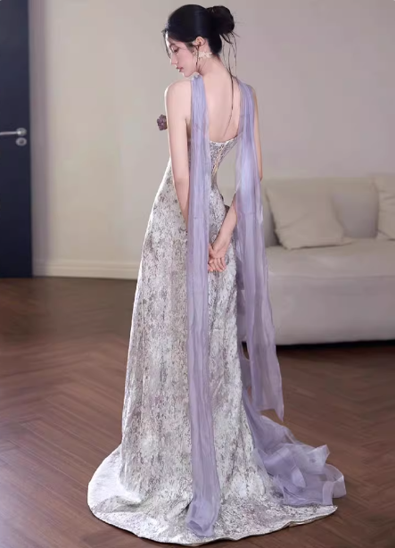 Beautiful Purple-White Gradient Strapless 3D Floral Tulle Satin Long Formal Prom Dress