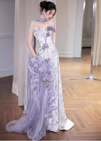 Beautiful Purple-White Gradient Strapless 3D Floral Tulle Satin Long Formal Prom Dress