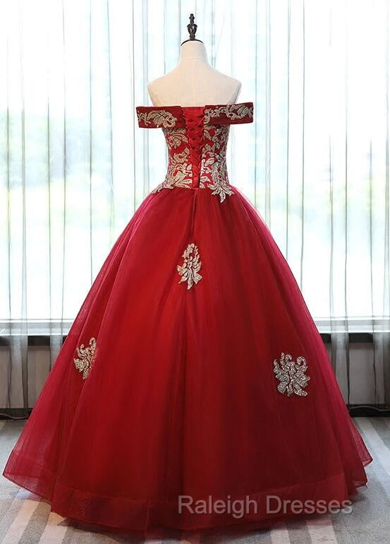 Beautiful Red Off Shoulder Long Sweet 16 Dress With Gold Lace Top, Party Dresses