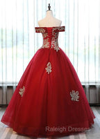 Beautiful Red Off Shoulder Long Sweet 16 Dresses With Gold Lace Top Prom Dress