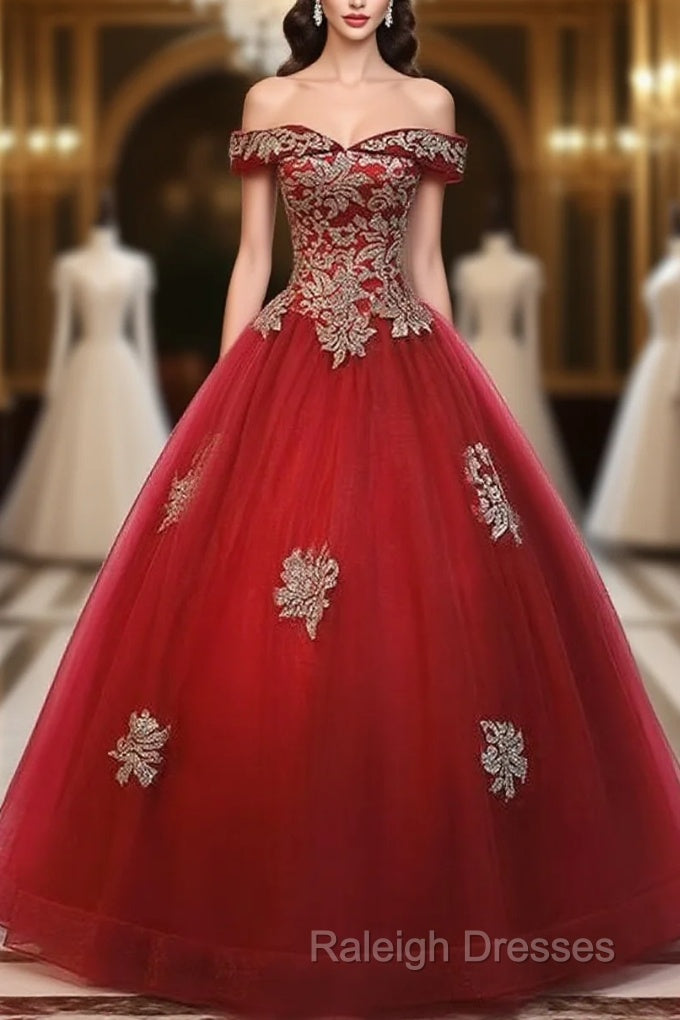 Beautiful Red Off Shoulder Long Sweet 16 Dress With Gold Lace Top, Party Dresses Main image