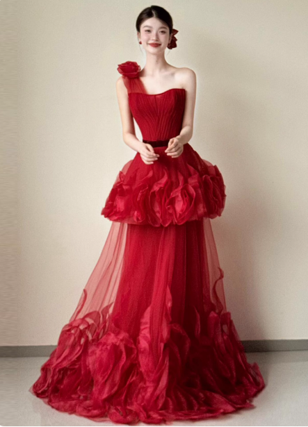 Beautiful Red One-Shoulder Strapless 3D Floral Layered Tiered Tulle Long Formal Prom Dress