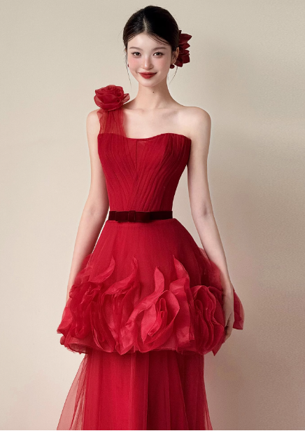 Beautiful Red One-Shoulder Strapless 3D Floral Layered Tiered Tulle Long Formal Prom Dress