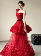 Beautiful Red One-Shoulder Strapless 3D Floral Layered Tiered Tulle Long Formal Prom Dress